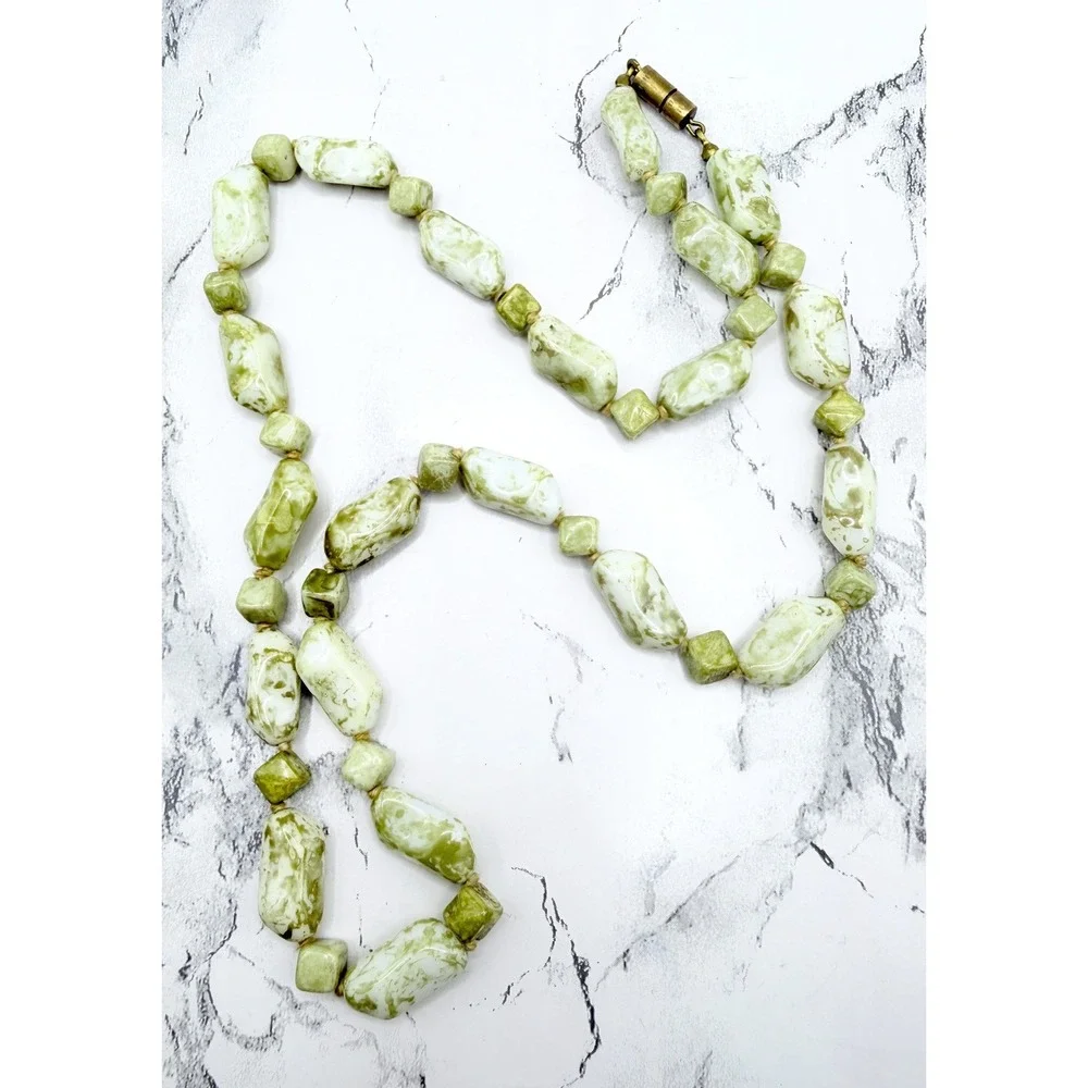 Vintage Green White Natural Stone Bead Necklace Gold Spacers 23